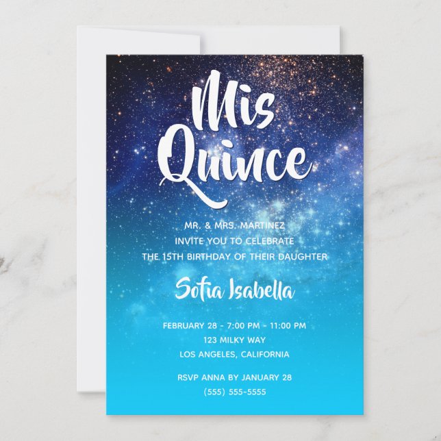 Invitación Aqua Blue Stars Cosmic Ombre Mis Quince cumpleaños (Anverso)