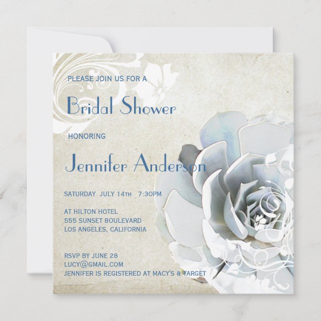 Invitación Aqua Blue Succulum Moda moderna ducha de novias (Anverso)