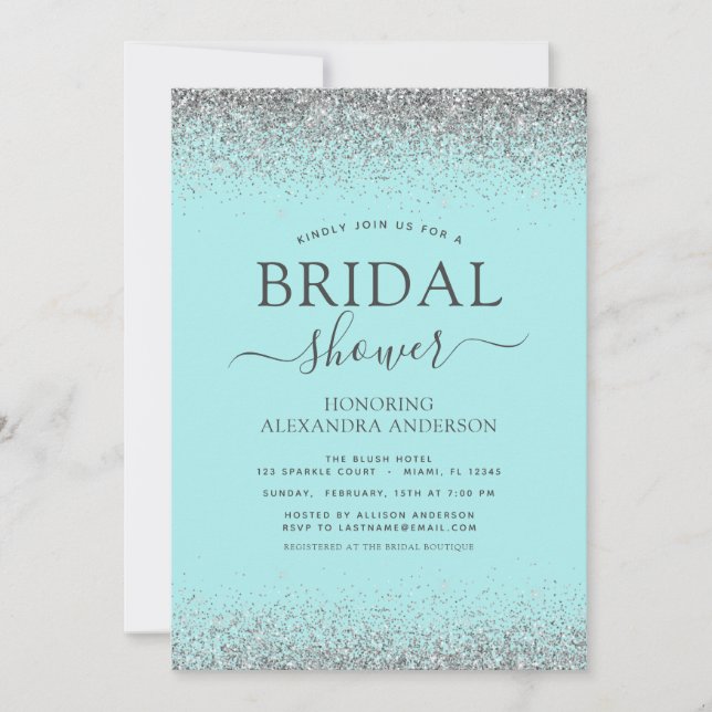Invitación Aqua Blue Verde azulada Silver Purpurina Bridal Sh (Anverso)