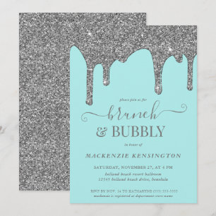 Invitación Aqua Blue Verde azulada Silver Purpurina gotea bru