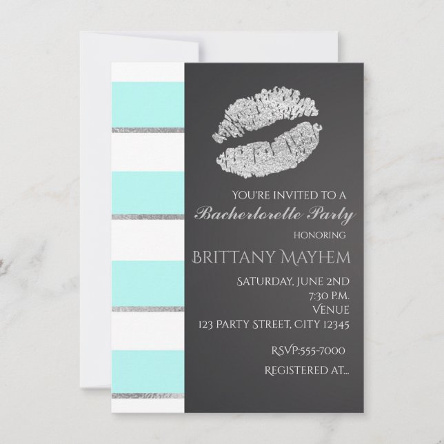 Invitación Aqua Blue & White Faux Silver Lips Kiss Fiesta (Anverso)