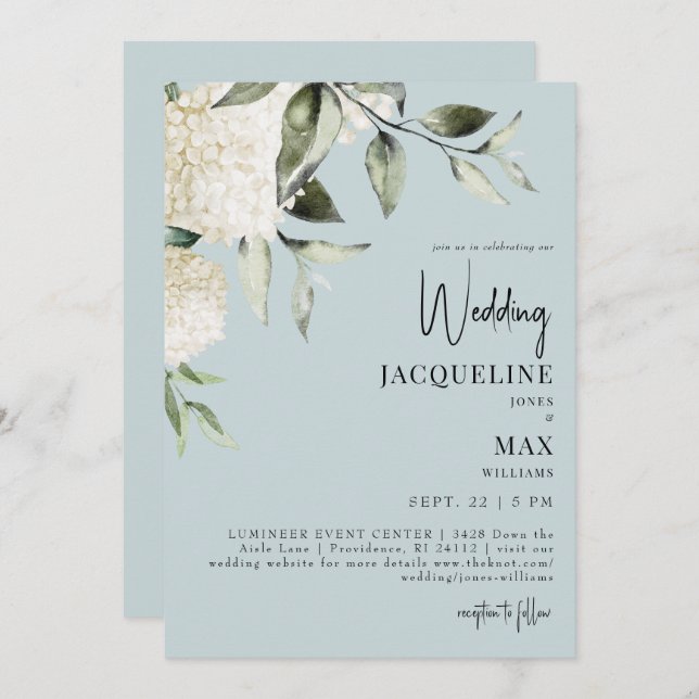 Invitación Aqua Blue White Hydrangeas Boda (Anverso / Reverso)