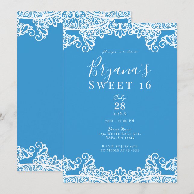 Invitación Aqua Blue & White Lace Elegant Sweet 16 Fiesta (Anverso / Reverso)