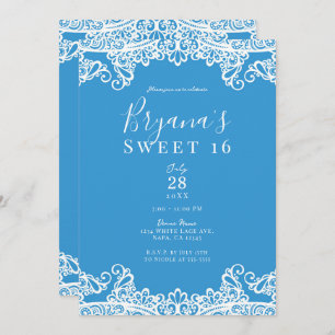 Invitación Aqua Blue & White Lace Elegant Sweet 16 Fiesta