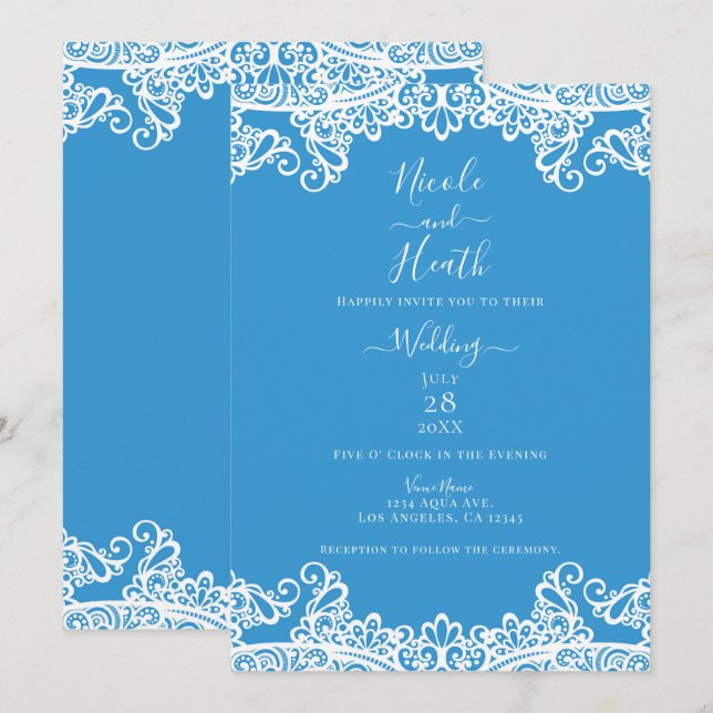 Invitación Aqua Blue & White Lace Elegant Wedding (Anverso / Reverso)
