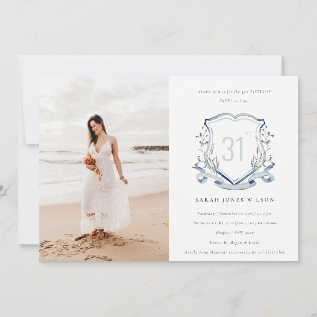 Invitación Aqua Blue Wildflower Monograma Escudo Foto Cumplea (Anverso)