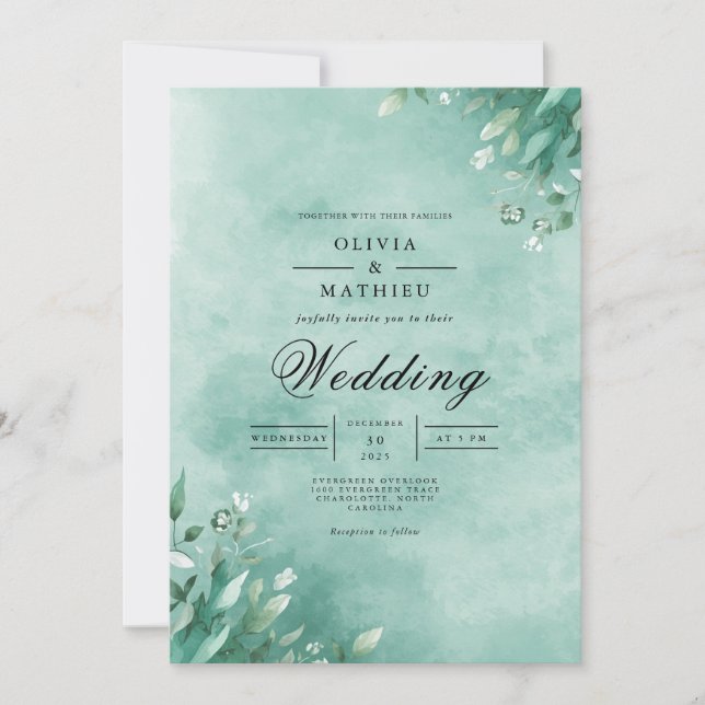 Invitación Aqua Botanical Leaf Elegance Boda (Anverso)