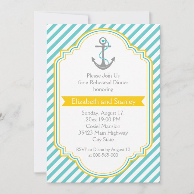 Invitación Aqua, cena de boda náutico amarillo (Anverso)