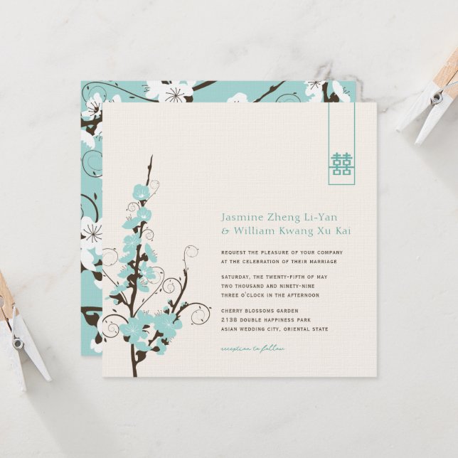 Invitación Aqua Cherry Blossoms Sakura Swirls Boda asiático (Anverso/Reverso In Situ)