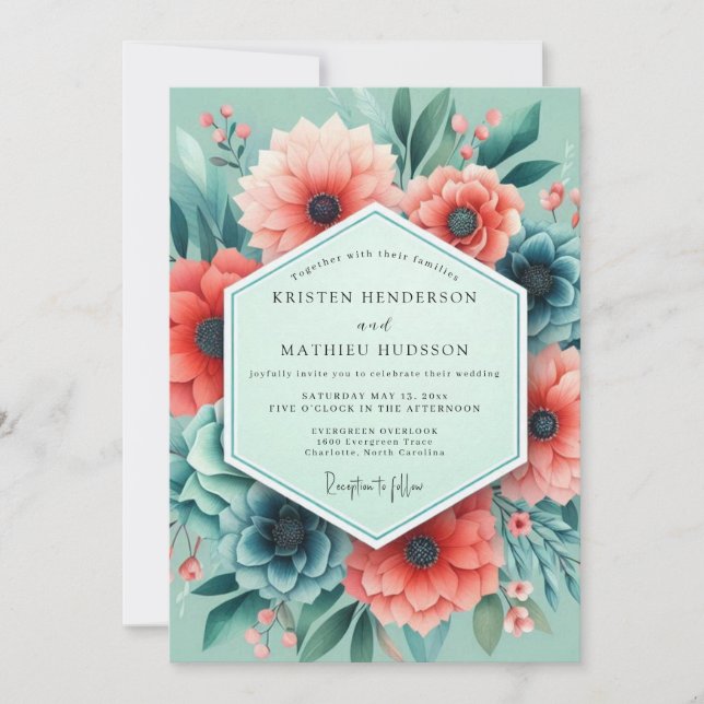Invitación Aqua Coral Artistic Bloom Wedding (Anverso)