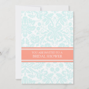 Invitación Aqua Coral Damask Bridal Shower Invitation
