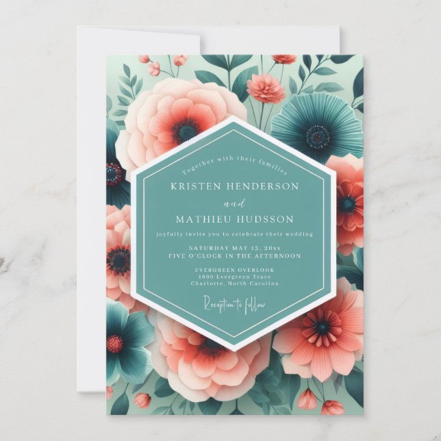 Invitación Aqua Coral Painted Bloom Wedding (Anverso)