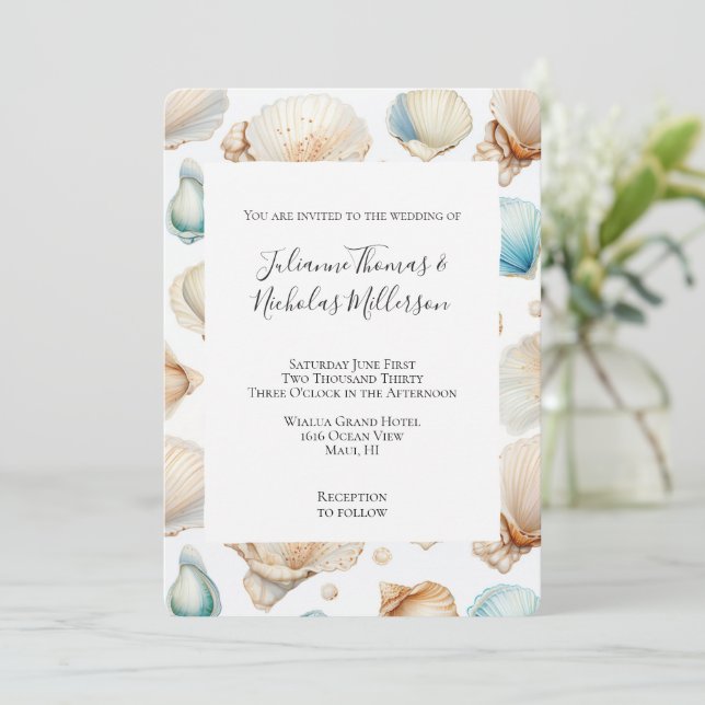 Invitación Aqua Cream Beach Shells Boda (Anverso de pie)