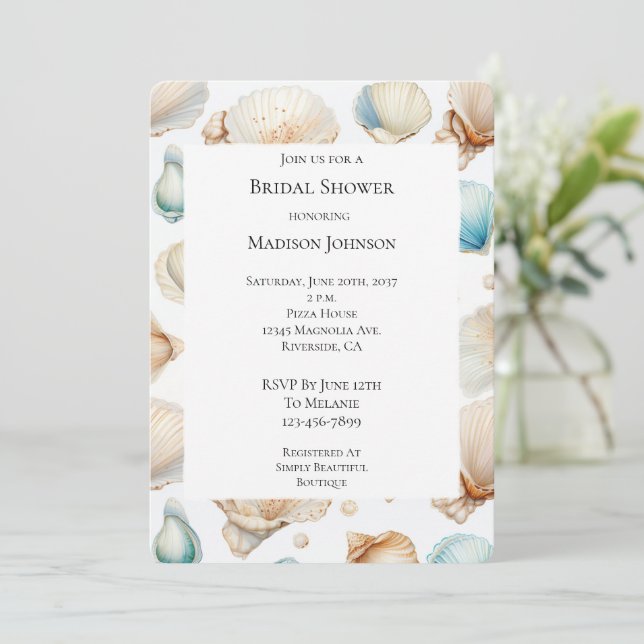 Invitación Aqua Cream Beach Shells Bridal Shower (Anverso de pie)