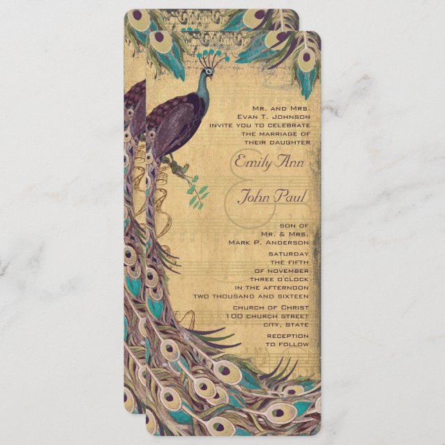 Invitación Aqua de berenjena y Moto de pavo real de oro 3 plu (Anverso / Reverso)