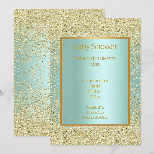 INVITACIÓN AQUA DIAMANTE VERDE AZUL DERRAME ORO BABY SHOWER (Anverso / Reverso)