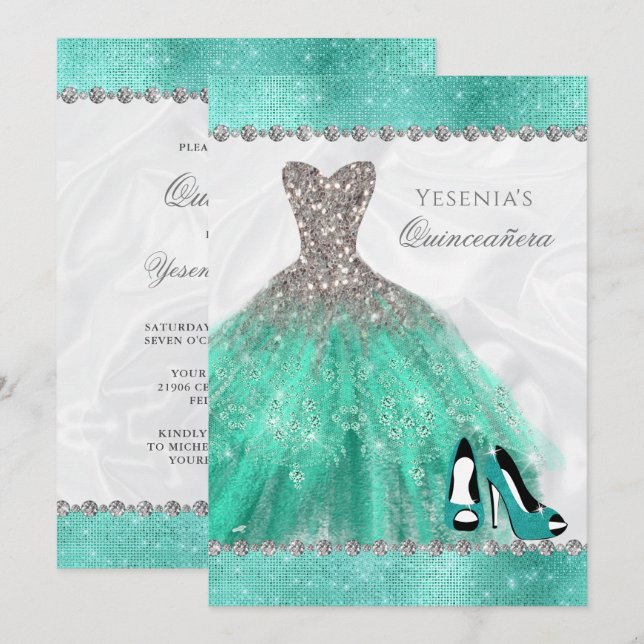 Invitación Aqua Diamond Sparkle Purpurina Quinceañera (Anverso / Reverso)