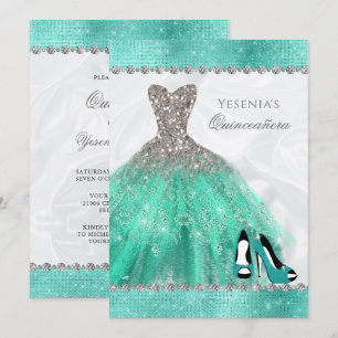 Invitación Aqua Diamond Sparkle Purpurina Quinceañera