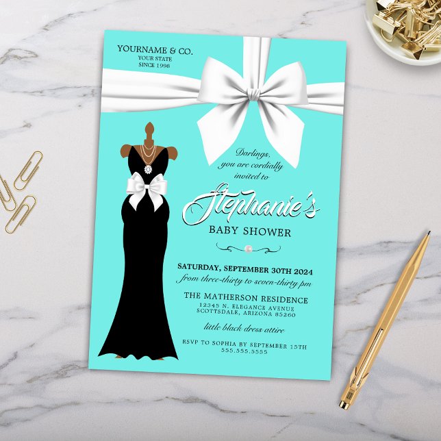 Invitación Aqua Elegant Fashion Ethnic Tiffany Baby Shower (Elegant Ethnic Tiffany Theme Baby Shower Invitation with Pearls and White Bow and Little Black Dress)