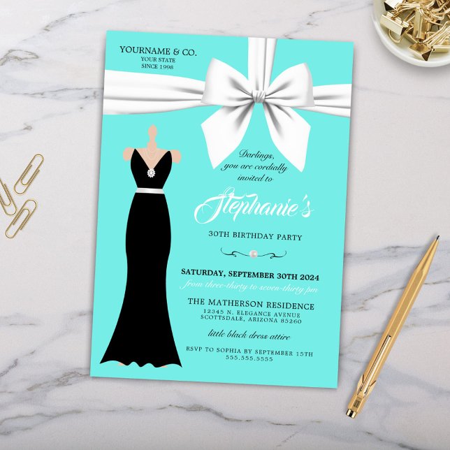 Invitación Aqua Elegant Fashion Tiffany (Elegant Little Black Dress Aqua Teal Blue Tiffany Theme Birthday Invitation with White Bow Pearls)