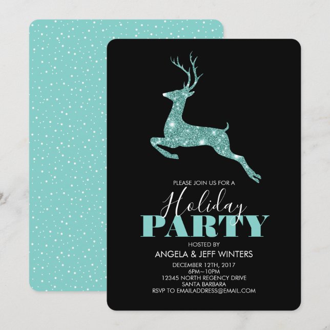 Invitación Aqua Faux Purpurina Deer Holiday Party (Anverso / Reverso)