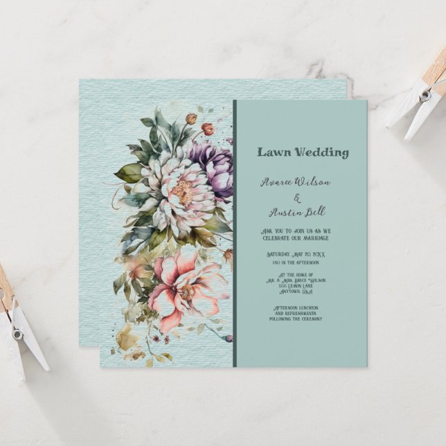 Invitación Aqua Floral Lawn Boda (Anverso/Reverso In Situ)