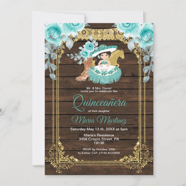 Invitación Aqua Flowers Princess Quinceañera Mexicana  (Anverso)