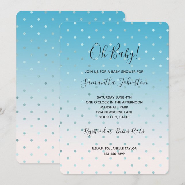Invitación Aqua Glam Dots Ombre Baby Shower (Anverso / Reverso)