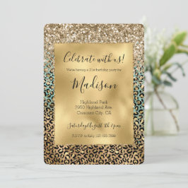 Invitación Aqua Glitz Gold Leopard Print Brillo