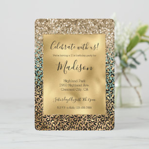 Invitación  Aqua Glitz Gold Leopard Print Brillo   