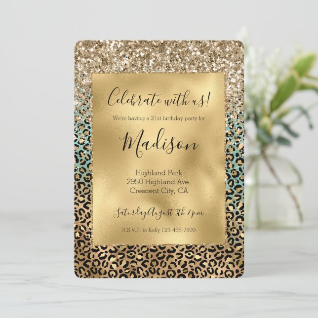 Invitación  Aqua Glitz Gold Leopard Print Brillo    (Anverso de pie)