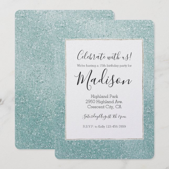 Invitación Aqua Glitzy Ombre (Anverso / Reverso)