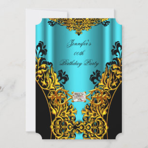 Invitación Aqua Gold Encaje Negro Cumpleaños con Diamantes Fi
