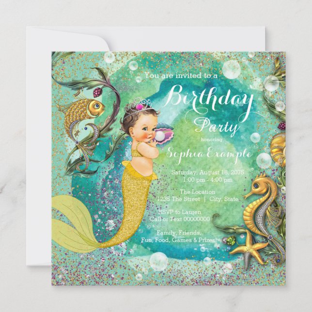 Invitación Aqua Gold Little Mermaid Under Sea Birday Party (Anverso)
