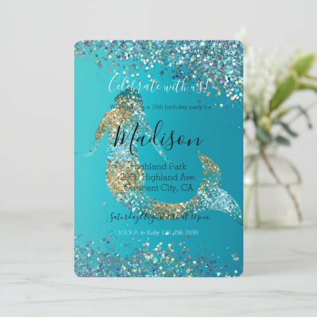 Invitación Aqua Gold Purpurina Sparkle Mermaid (Anverso de pie)