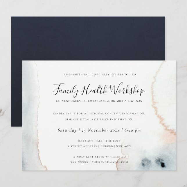 INVITACIÓN AQUA GOLD WATERCOLOR BRUSH TALLER EVENTO LOGO (Anverso / Reverso)