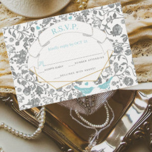 Invitación Aqua Gray Floral Pattern Blue Love Bird Boda