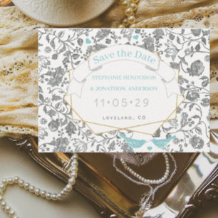 Invitación Aqua Gray Floral Pattern Blue Love Bird Boda