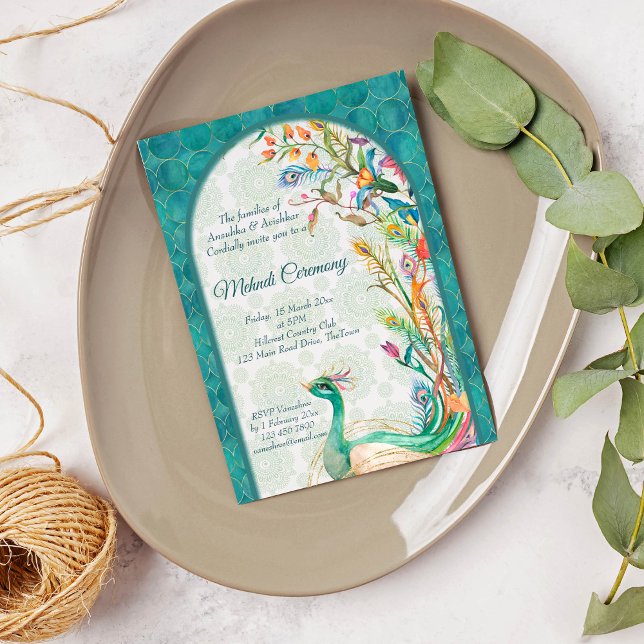 Invitación Aqua green verde azulada arabia floral peackock me (Subido por el creador)