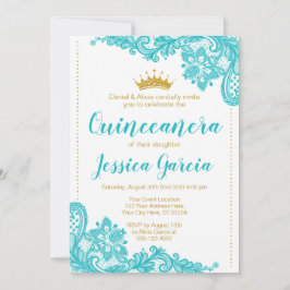 Invitación Aqua Lace y la Princesa de Oro Purpurina Quinceañe
