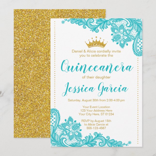 Invitación Aqua Lace y la Princesa de Oro Purpurina Quinceañe (Anverso / Reverso)