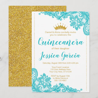 Invitación Aqua Lace y la Princesa de Oro Purpurina Quinceañe