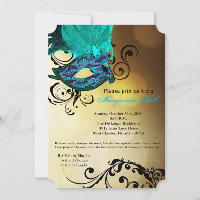 Invitación Aqua Masquerade Máscara de bolas Disfraces Hallowe (Anverso)