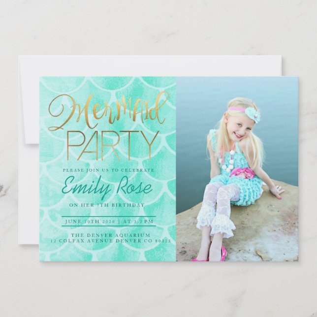 Invitación Aqua Mermaid Fiesta | Bajo la foto del cumpleaños  (Anverso)