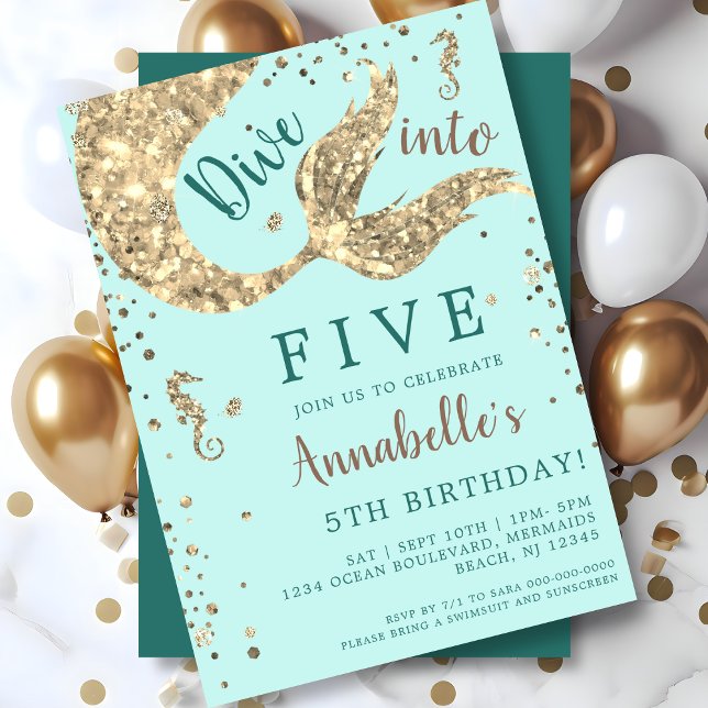 Invitación Aqua Mermaid Tail 5º cumpleaños (Subido por el creador)