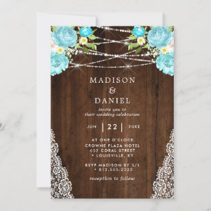 Invitación Aqua Mint Rustic Wood String ilumina a Boda floral