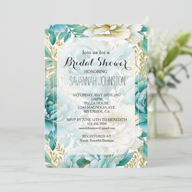 Invitación Aqua Mint White Cream Gold Floral Ducha de novias (Anverso de pie)