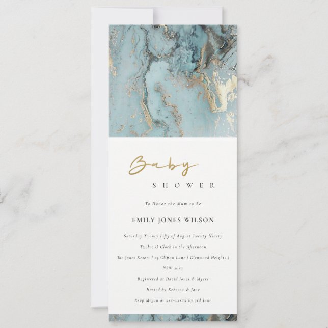 INVITACIÓN AQUA MODERNA DUSKY BLUE GOLD AGER BABY SHOWER (Anverso)