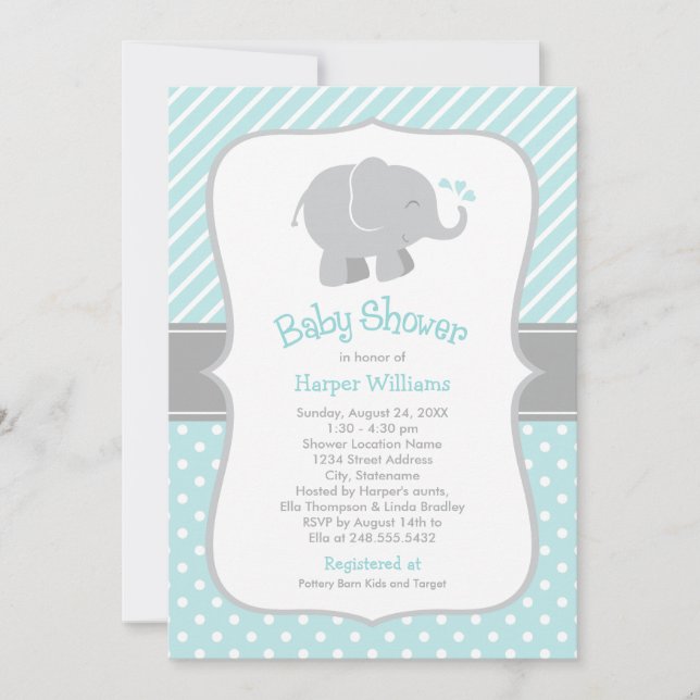 Invitación Aqua moderna y elefante gris Baby Shower (Anverso)