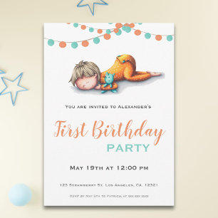 Invitación Aqua Naranja durmiendo niño Garland primer cumplea